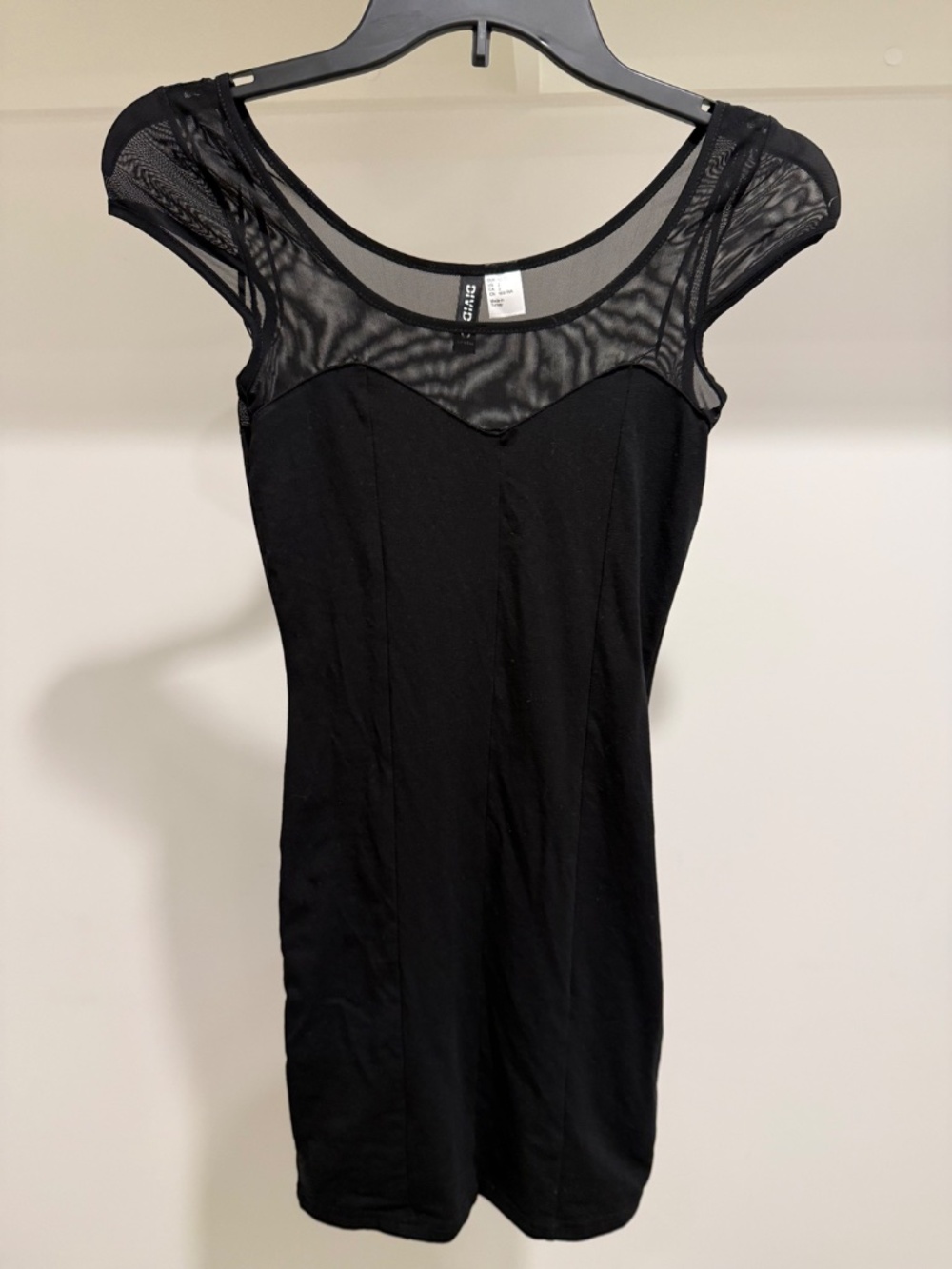 H&M Black Mesh Illusion Bodycon Mini Dress Size 2 Sheer Neckline Stretch Cotton